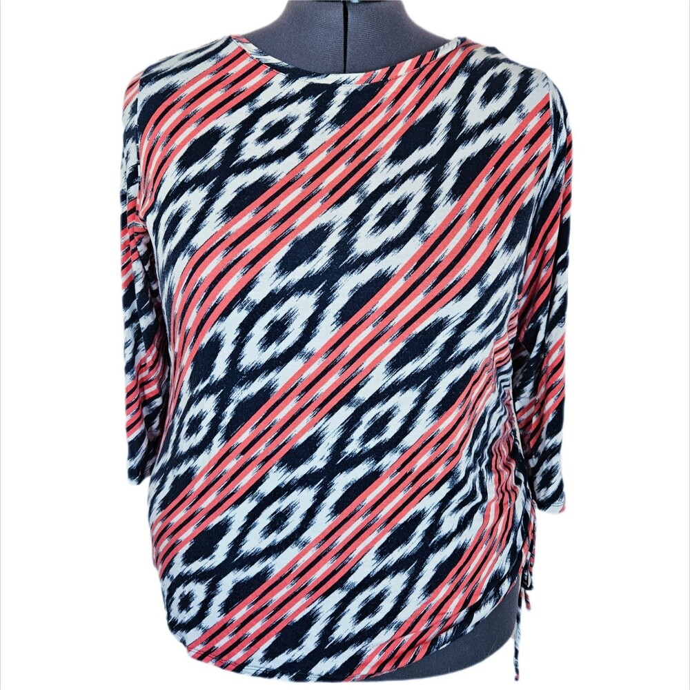 Ruby Rd Asymmetrical Drawstring Top Women's 1X‎ Stripe Ikat Adjustable Ruched